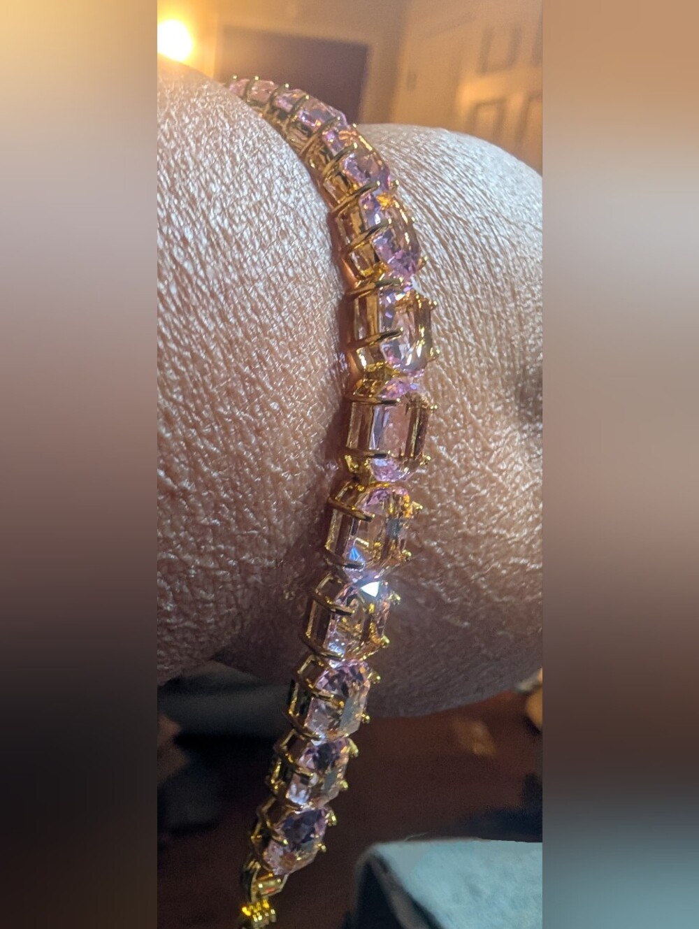 Gold Tennis Bracelet with extra Large Pink Topaz Like CZs.